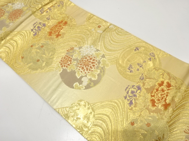 JAPANESE KIMONO / ANTIQUE FUKURO OBI / SILK / WOVEN STREAM & KIKU & PEONY